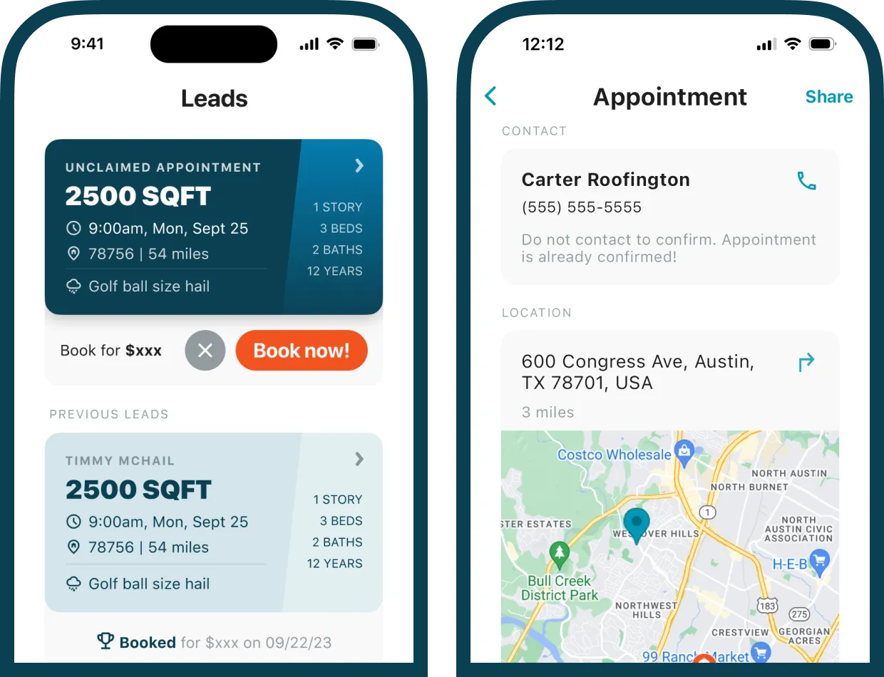 App screenshots showing the Leads and Appointment screens